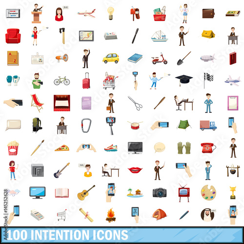 100 intention icons set, cartoon style