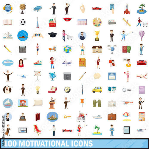 100 motivational icons set, cartoon style