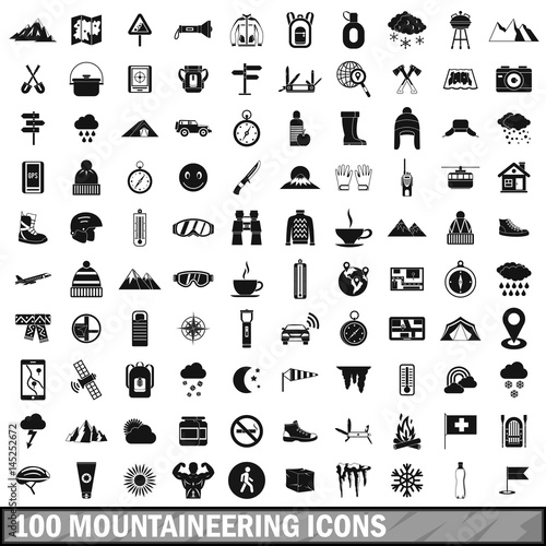 100 mountaineering icons set, simple style 