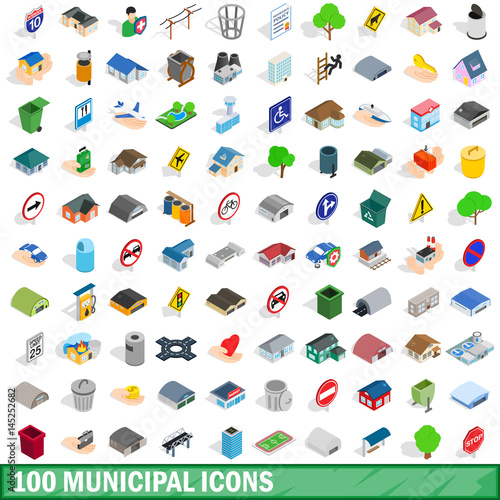 100 municipal icons set, isometric 3d style