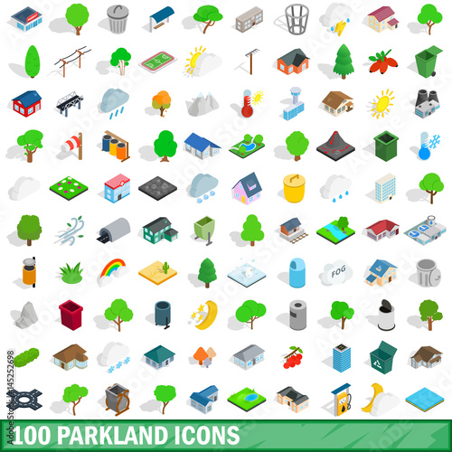 100 parkland icons set, isometric 3d style