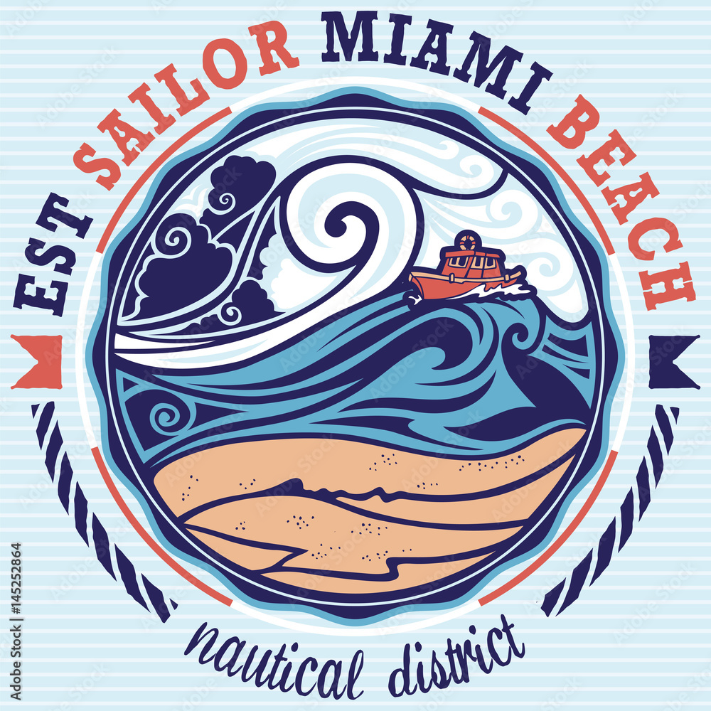 Fototapeta premium Est sailor miami beach label
