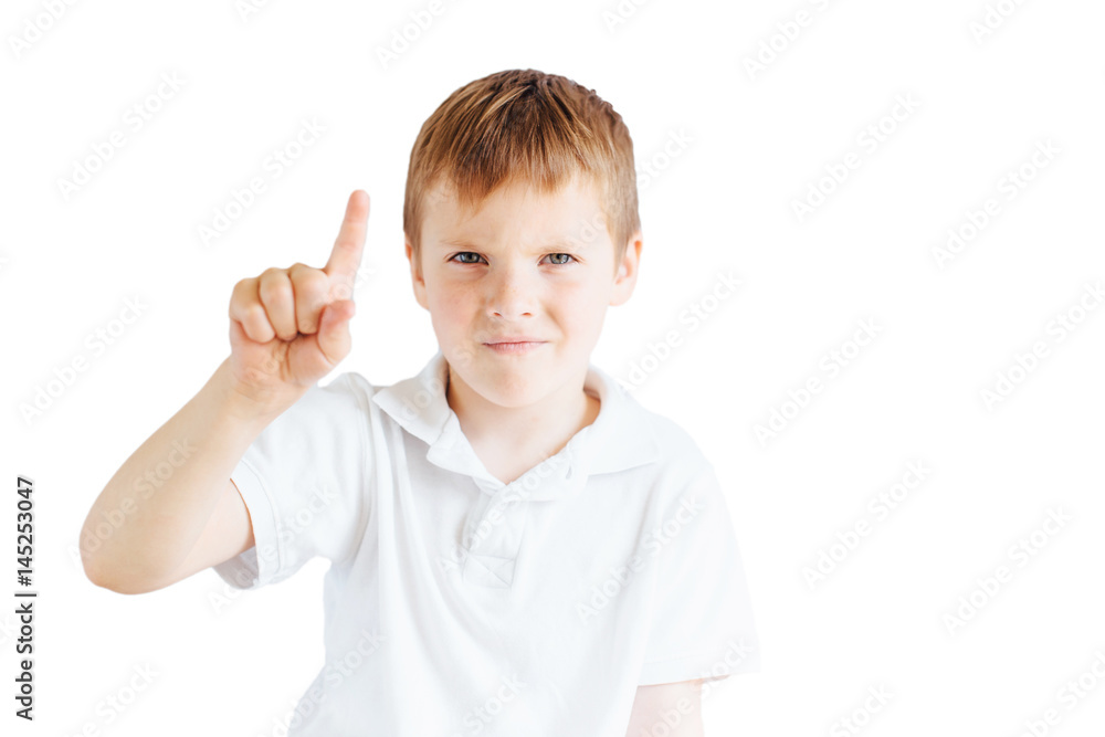 Little boy stand on white background and show his emotions Little boy stand on white background and show his emotions