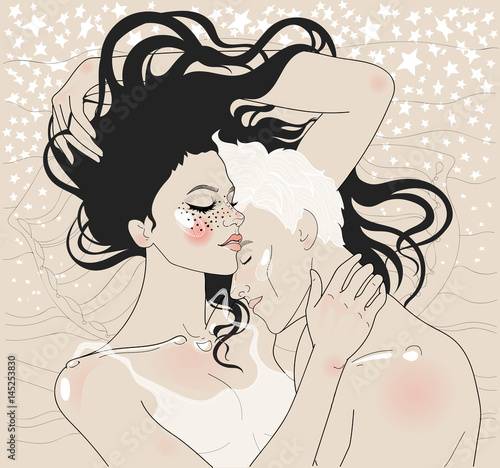 
Vector beautiful couple gently hugging asleep under the stars