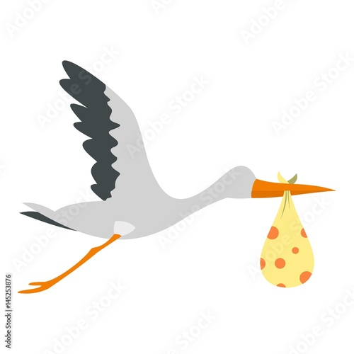 Flying stork with a bundle icon isolated