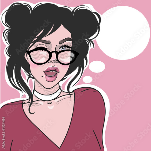 Vector beautiful girl winks and says an empty window for your text