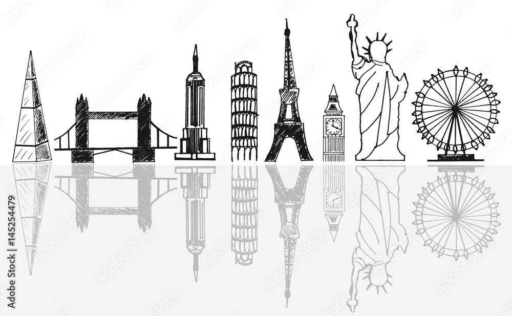 Fototapeta premium Travel tourist landmarks skyline sketch