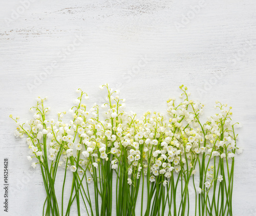Fototapeta Naklejka Na Ścianę i Meble -  Lilies of the Valley on white shabby wooden background