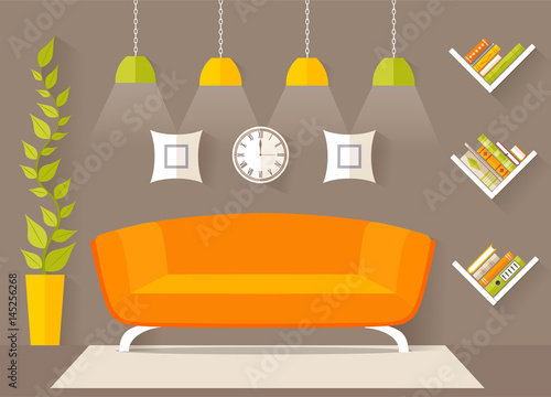 Living room design furniture. The interior concept in a flat style. A relaxation area. Vector.