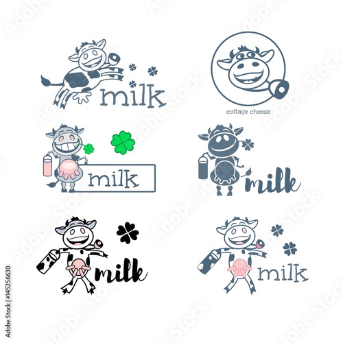Cow, six silhouettes with dairy products.