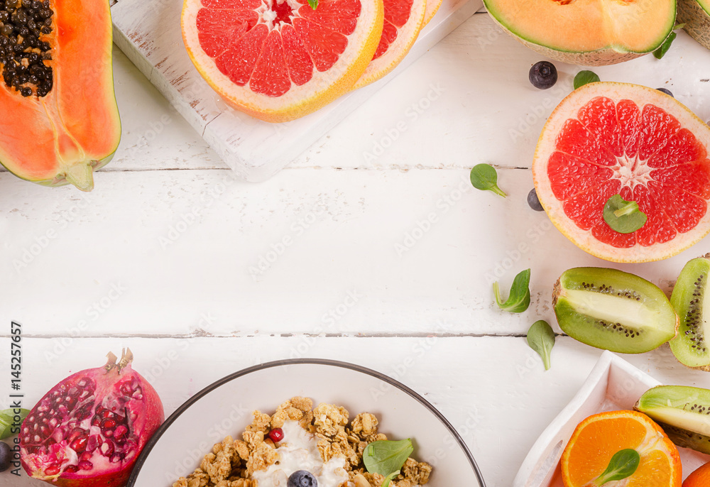 Fresh fruits on white wooden table. Fresh fruits on white wooden table.
