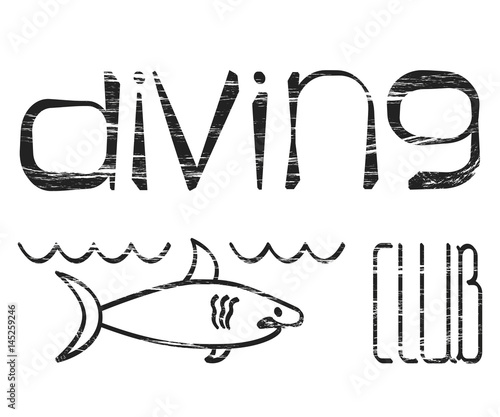 Design logo with lettering Diving Club with shark. Vector illustration eps 10