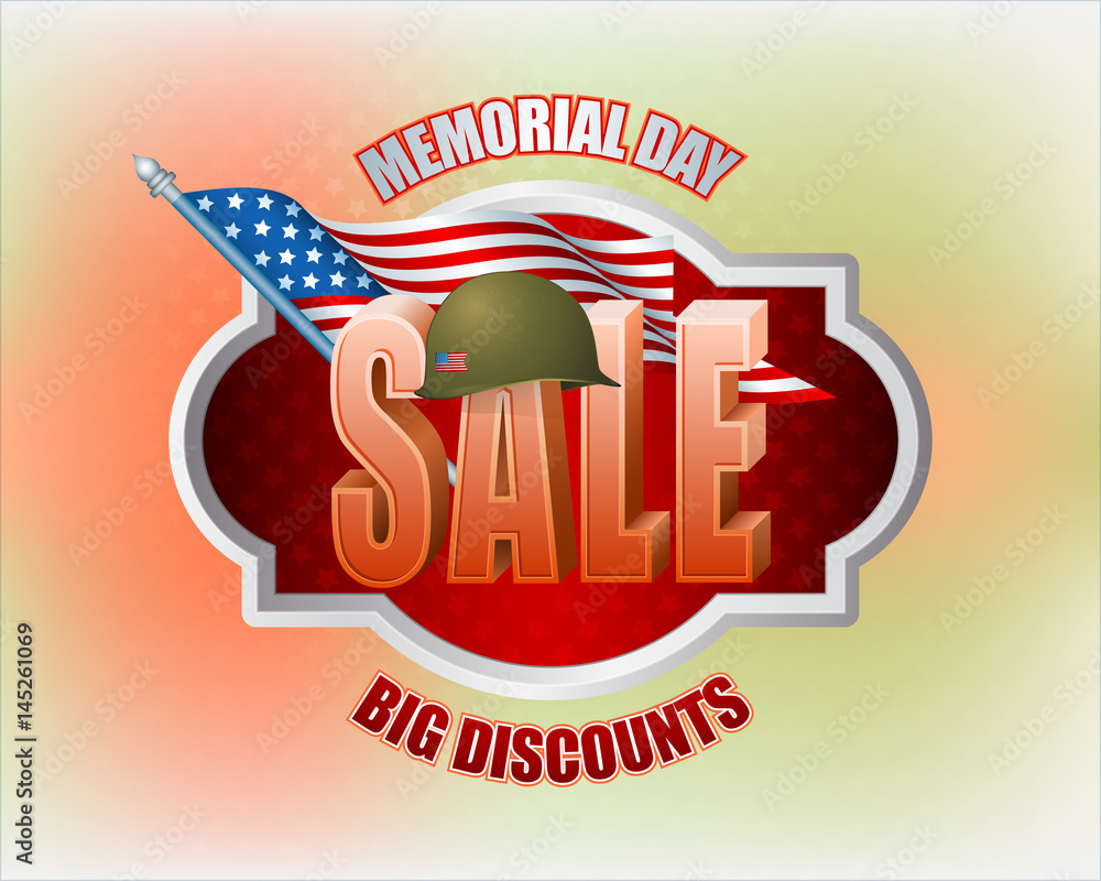 Fototapeta premium Holiday design, background with military helmet and American flag, for Memorial day, sales commercial event; Vector celebration