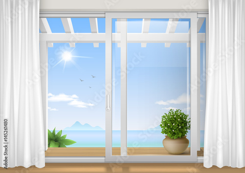 Sliding window of the hotel. View of the tropical bay. Resort. Vector graphics
