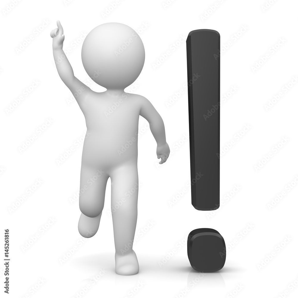 exclamation mark point black 3d with stickman stick figure positive gesture  isolated on white background Stock Illustration