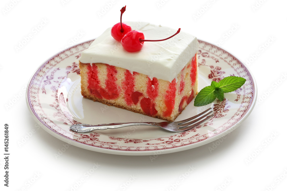 homemade cherry poke cake isolated on white background homemade cherry poke cake isolated on white background
