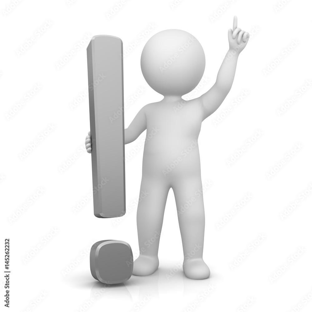 stickman 3d silver grey with exclamation mark standing cheering isolated on white background stickman 3d silver grey with exclamation mark standing cheering isolated on white background