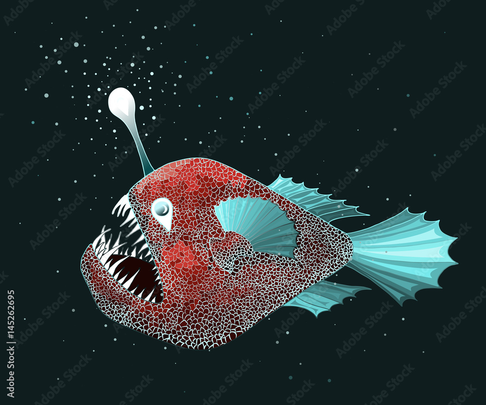 Anglerfish colored illustration. Vector drawing of deep sea fish