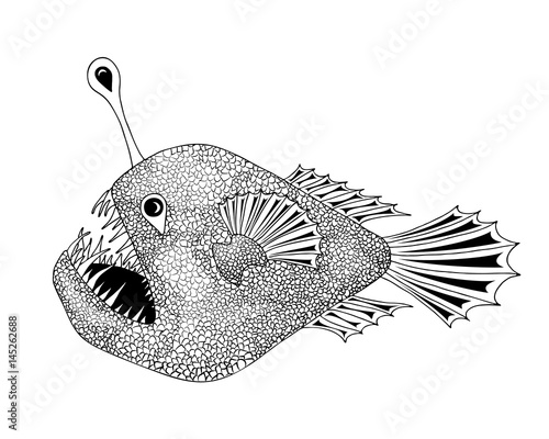 Anglerfish black on white illustration. Vector deep sea fish ink style drawing. photo