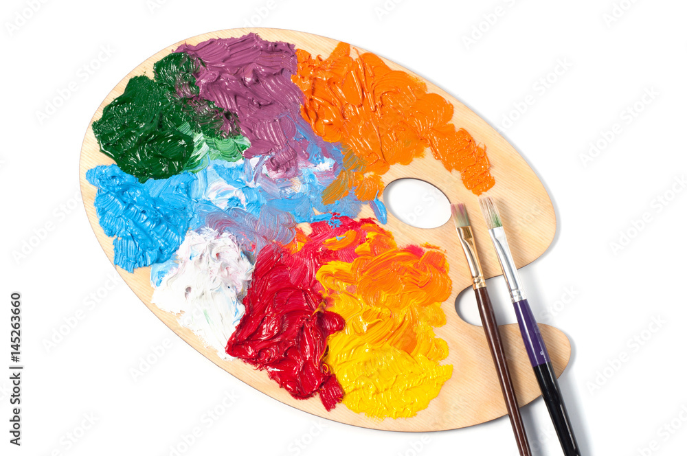 Artist's color palette with multi-colored oil paints Stock Photo | Adobe  Stock