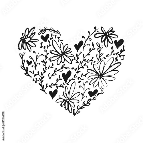 Flower and leaves heart isolated on the white background. Fun brush ink illustration for photo overlays, greeting card or t-shirt print, poster design.
