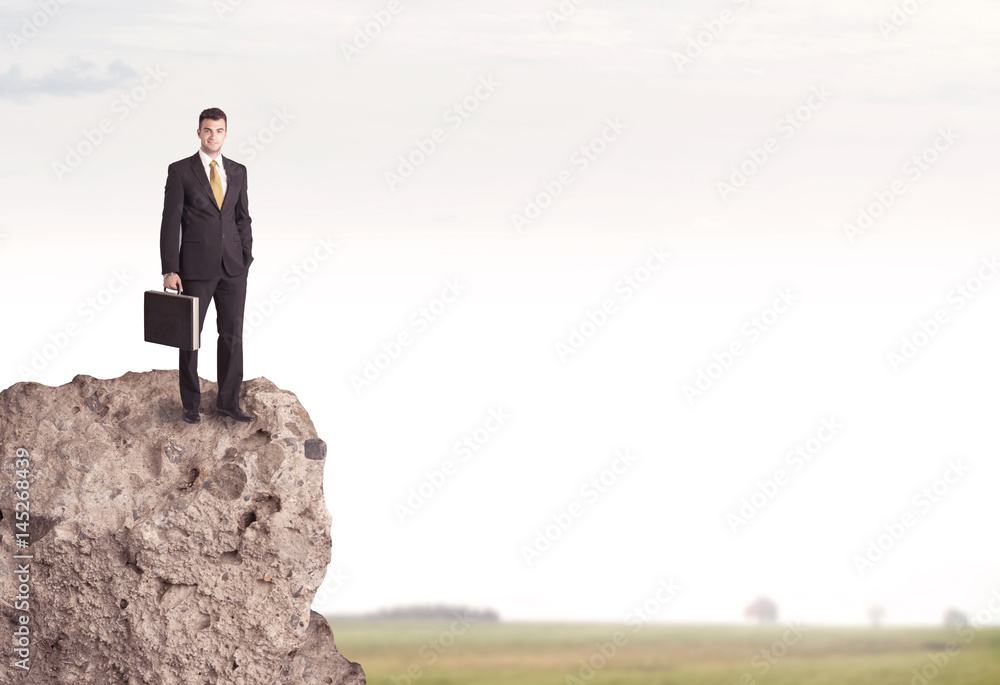 Happy salesman on cliff in the country Happy salesman on cliff in the country