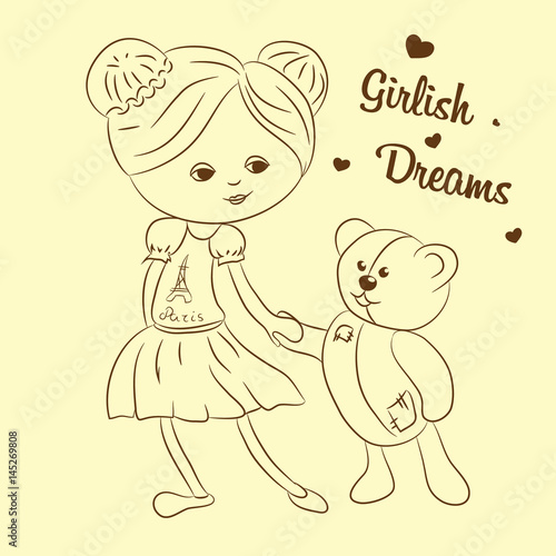 Vector illustration. Girl with teddy bear.