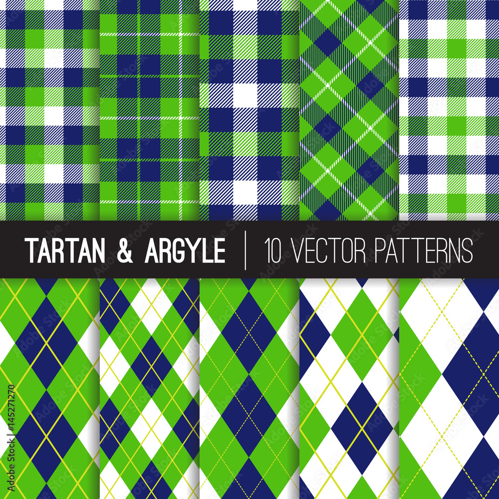 Navy and Green Argyle, Tartan and Gingham Plaid Vector Patterns