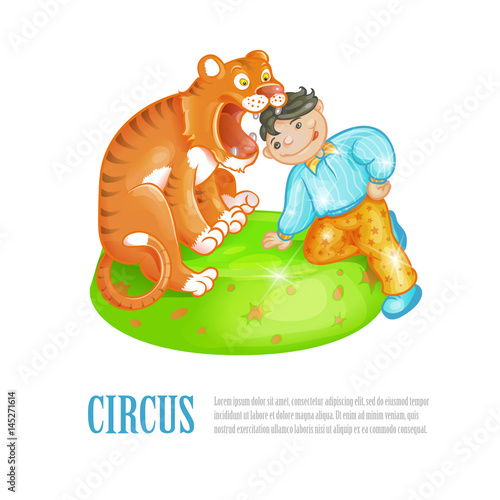 Bright vector illustration of circus performance. Brave lion tamer put his head into the open toothy mouth of a trained tiger. The announcement of the presentation, leaflet.