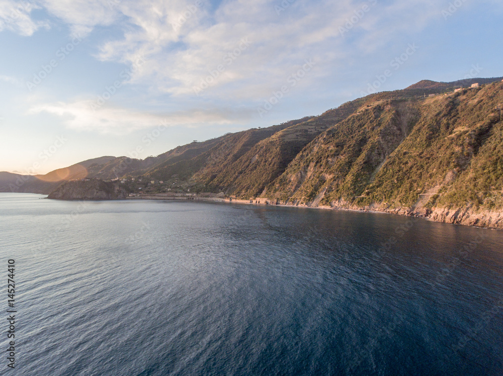 Panoramic sunset view of Five Lands from helicopter, Liguaria - Italy
