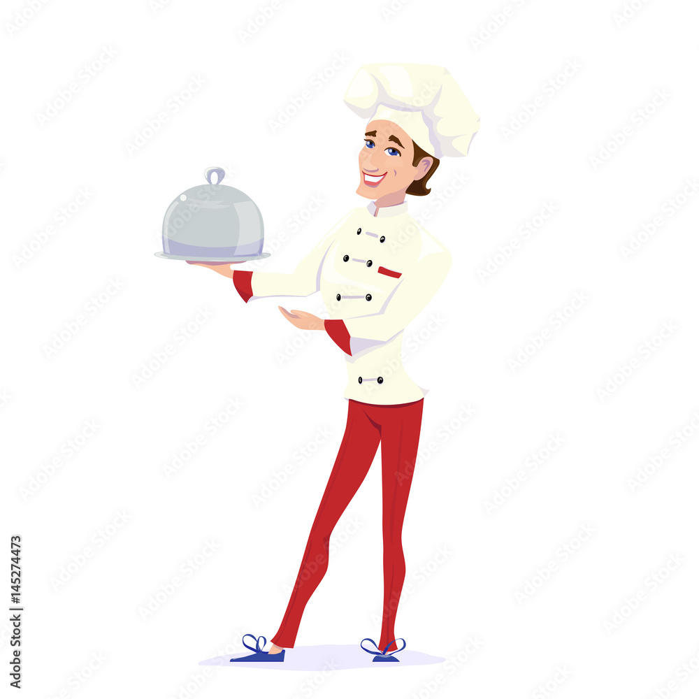 Vector illustration of cook chef carrying dinner plate meal and pointing to that Vector illustration of cook chef carrying dinner plate meal and pointing to that