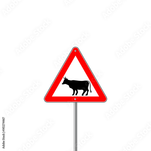 Cow Warning sign red. Farm Hazard attention symbol