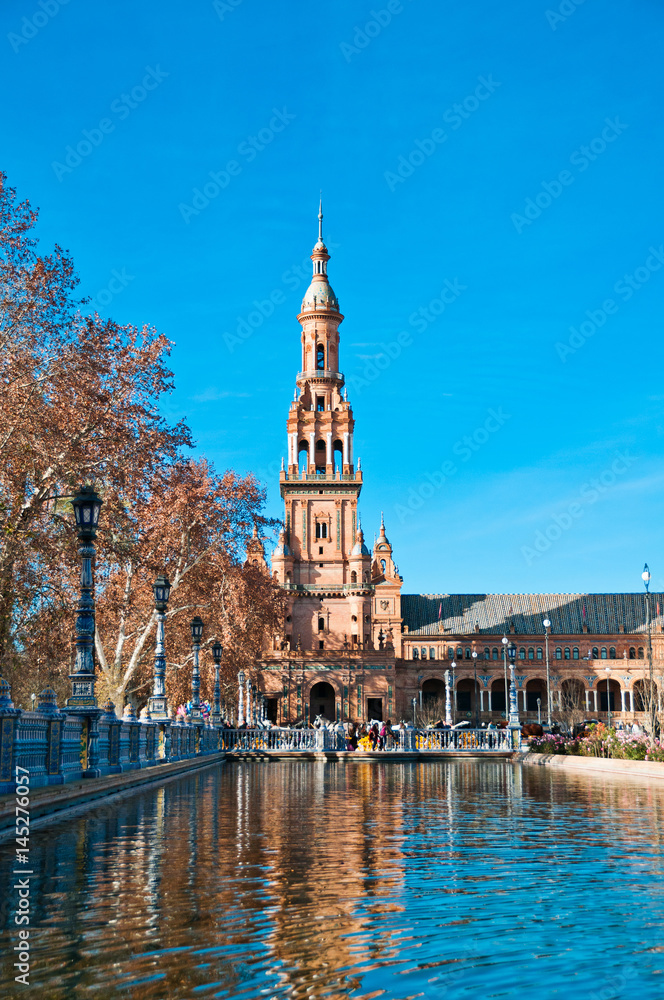 Tower at the Plaza de Espana, Seville, Seville Province, Andalucia, Spain