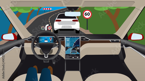 Autonomous self-driving electric car with head up display, navigation and digital speedometer is on the road. Inside view. Vector illustration