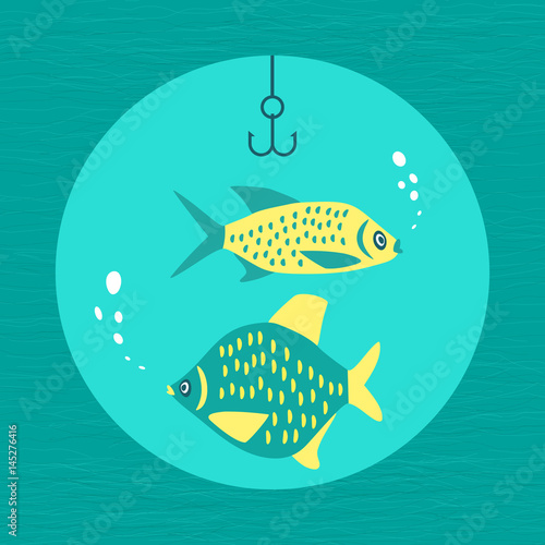 Fishing emblem. Freehand drawn fancy icon in cartoon style. Colorful animal logo template. Fish, fishermen hook sign. Element for project banner background. Vector design of advertisement label symbol