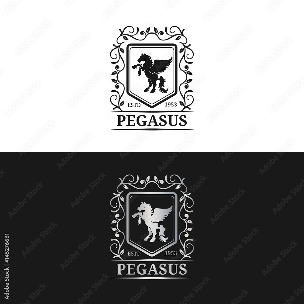 Vector monogram logo template. Luxury pegasus design. Graceful vintage animal. Used for hotel, restaurant, boutique etc.