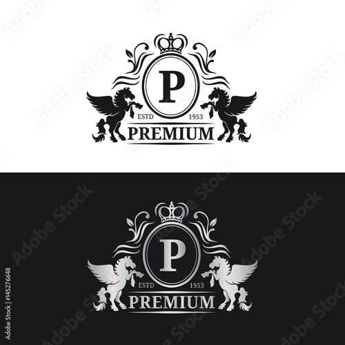 Vector monogram logo template. Luxury letter design. Graceful vintage character with pegasus symbols illustration.