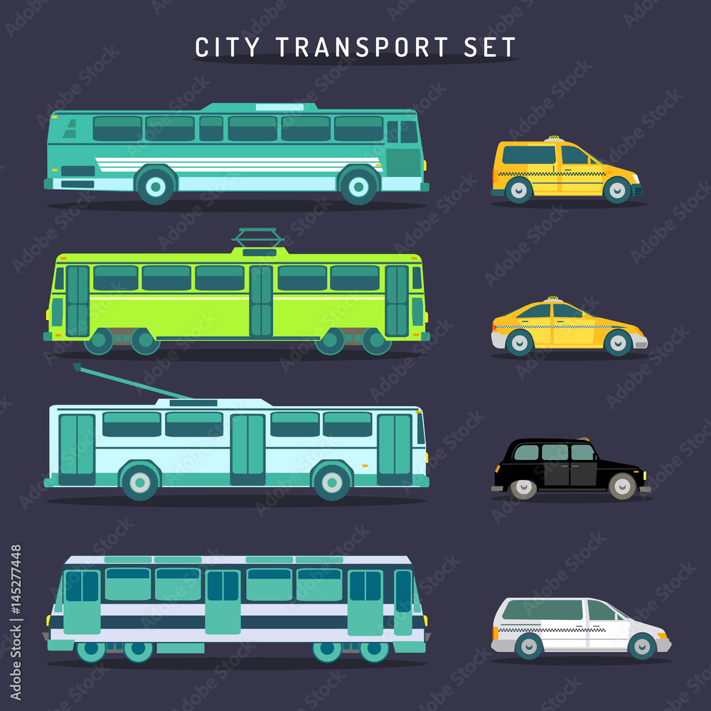 Vector city transport set in flat style. Urban vehicles infographics. Municipal bus, tram, train, trolleybus,taxi icons.