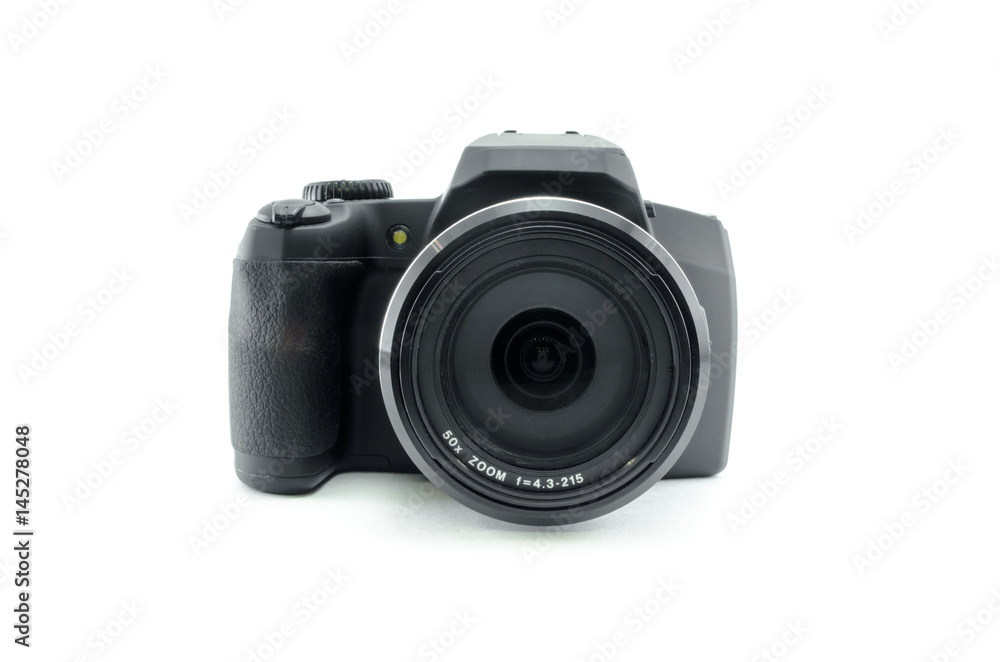 Photo camera isolated on white background. Modern ultra zoom photo camera. Front and side view.
