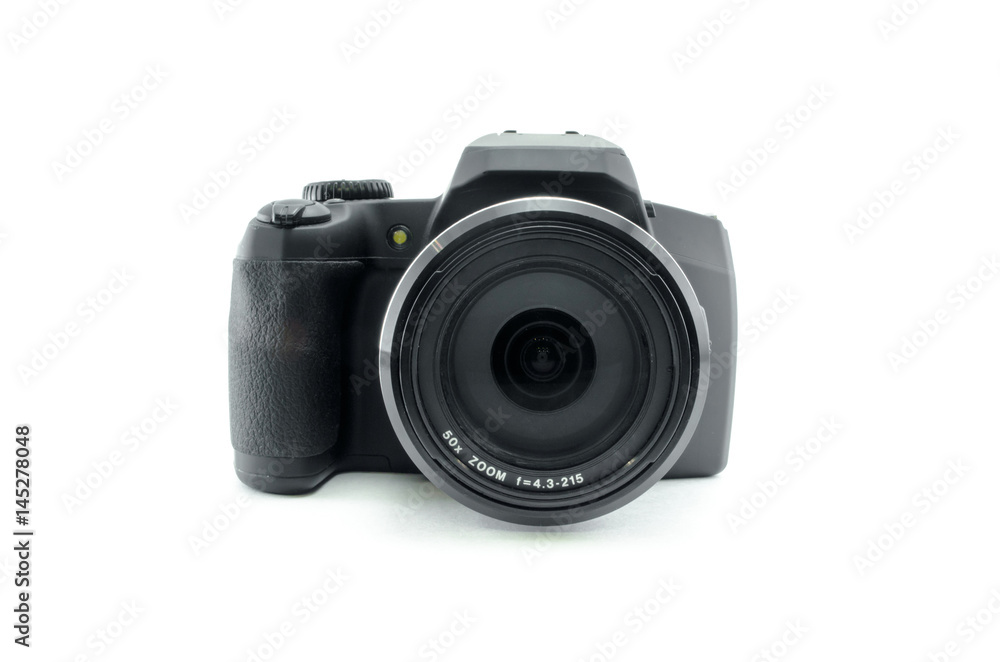 Photo camera isolated on white background. Modern ultra zoom photo camera. Front and side view. Photo camera isolated on white background. Modern ultra zoom photo camera. Front and side view.