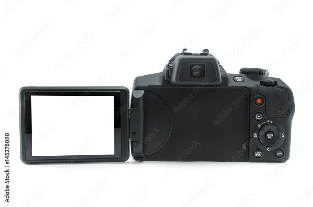Photo camera with blank display screen isolated on white background. Modern ultra zoom photo camera.