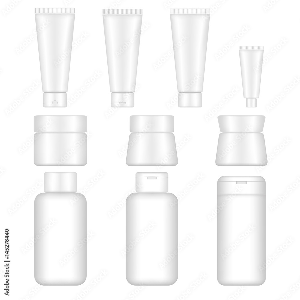 Set vector blank templates of empty white plastic containers. Bottles with shampoo, tubes and jars with cream, tubes with toothpaste Set vector blank templates of empty white plastic containers. Bottles with shampoo, tubes and jars with cream, tubes with toothpaste