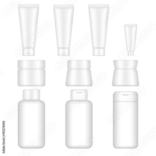 Fototapeta Naklejka Na Ścianę i Meble -  Set vector blank templates of empty white plastic containers. Bottles with shampoo, tubes and jars with cream, tubes with toothpaste
