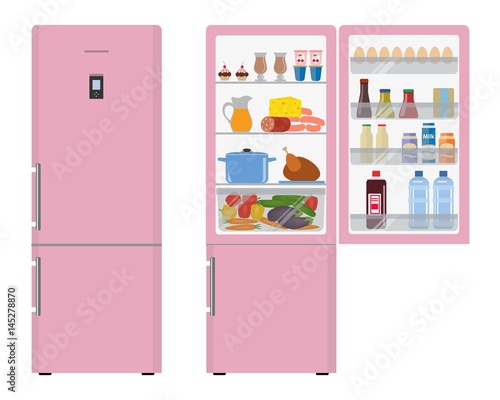 Pink fridge with open doors, a full of food. Vector flat illustration.
