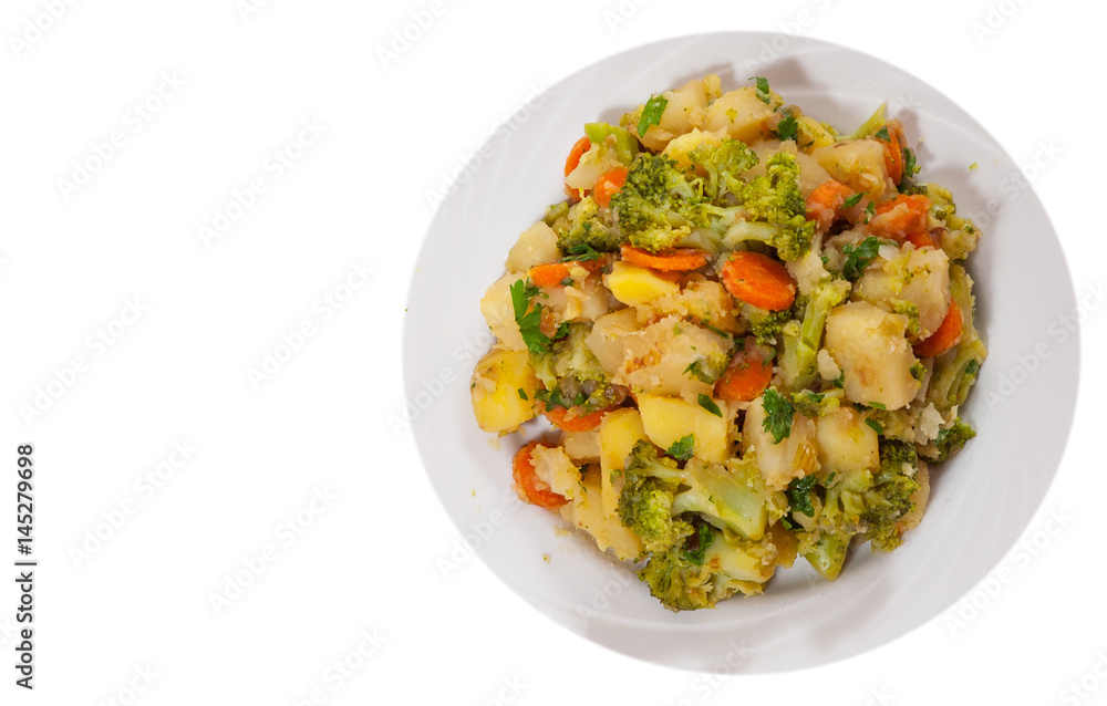 stewed vegetables on plate. top view. isolated on white stewed vegetables on plate. top view. isolated on white