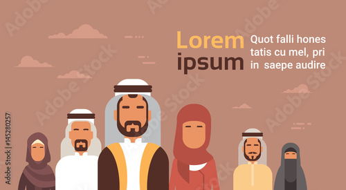 Arab Business People Group, Arabic Crowd Team Copy Space Flat Vector Illustration