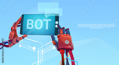 Chat Bot Hands Using Cell Smart Phone, Robot Virtual Assistance Of Website Or Mobile Applications, Artificial Intelligence Concept Flat Vector Illustration