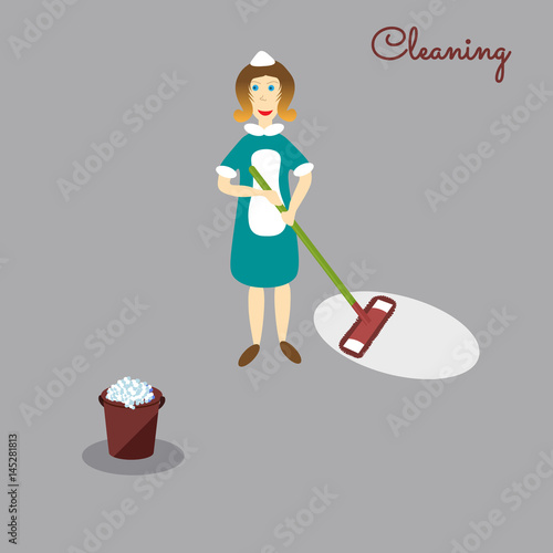 Сleaner with the tools for housekeeping: a burgundy bucket with soapy foam, MOP with green handle and cloth. Vector illustration. Cleaning