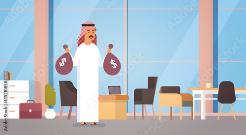 Arab Business Man Holding Money Bags Rich Entrepreneur In Modern Office Flat Vector Illustration