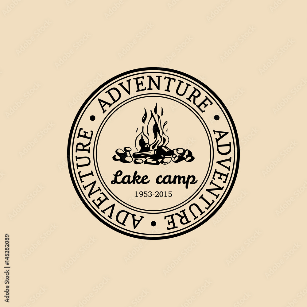 Fototapeta premium Vector camp logo. Tourist sign with hand drawn image of bonfire. Retro hipster emblem,badge,label of outdoor adventures.